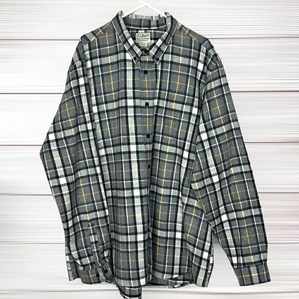 L.L. Bean Gray Plaid Cotton Flannel Long Sleeve Button Down Shirt XL - XXL